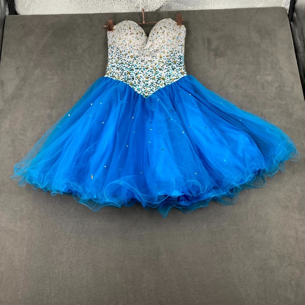 Women's Strapless Homecoming Dress White Blue Rhinestones Bodice Heavily Adorned